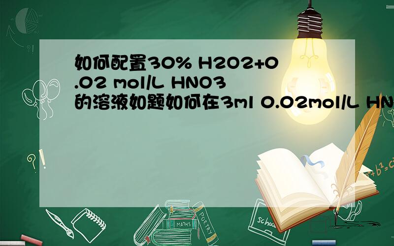 如何配置30% H2O2+0.02 mol/L HNO3的溶液如题如何在3ml 0.02mol/L HNO3,5ml 30%H2O2,然后用HNO3调节ph至ph=2,大概需要加入多少的硝酸？需要多少的浓度